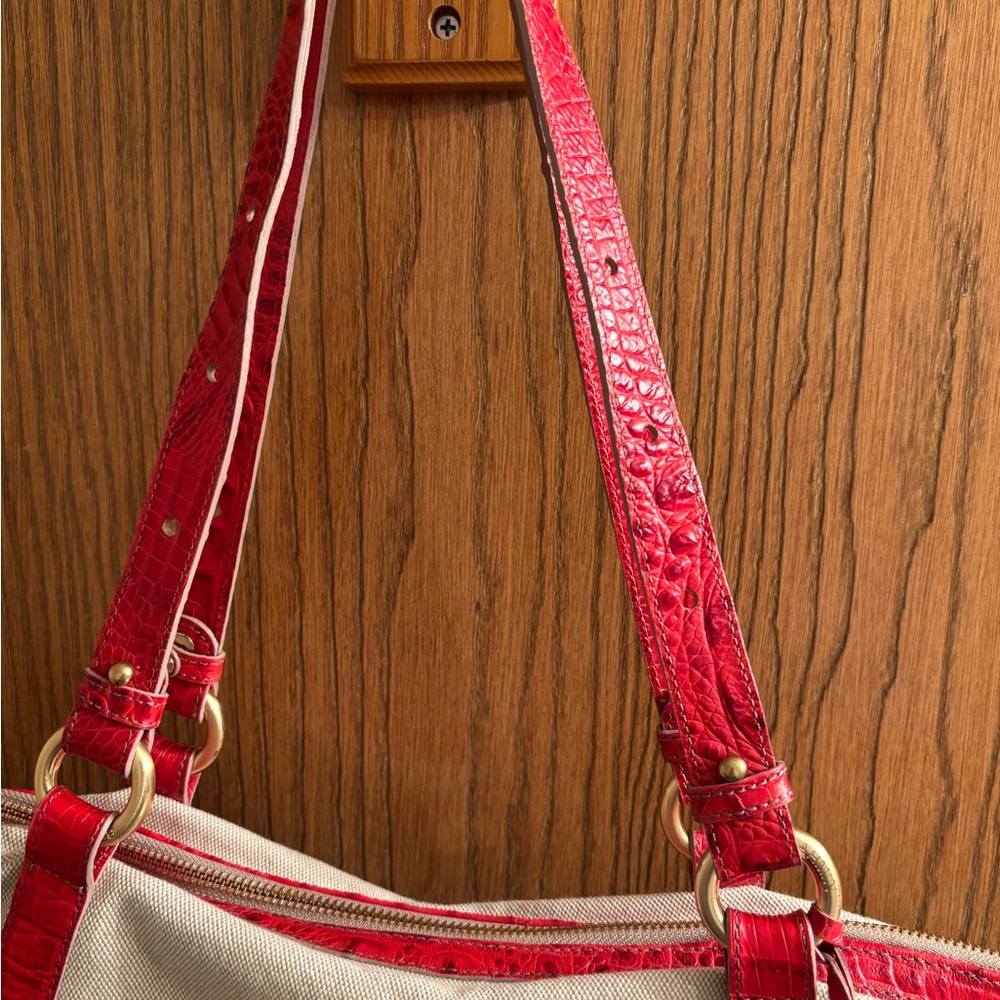 BRAHMIN MEGATOTE WINDJAMMER HANDBAG CREAM CANVAS & RED - Picture 4 of 9